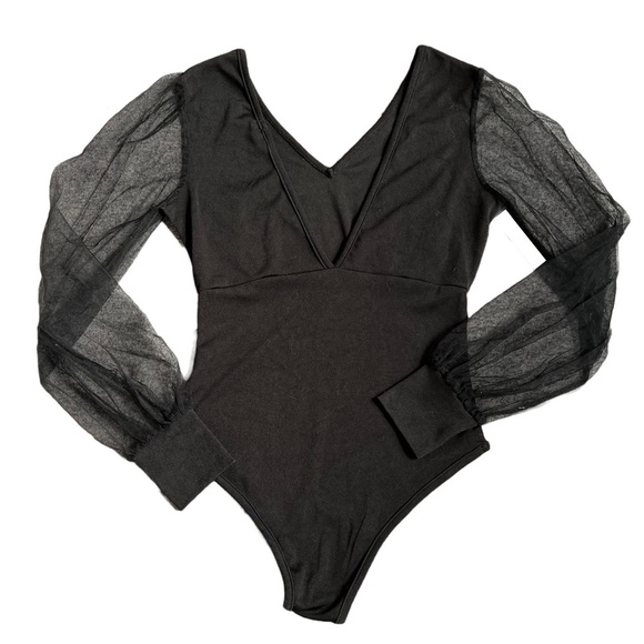 SHEIN BLACK V NECK BODYSUIT WITH LONG MESH PUFF SLEEVES SIZE SMALL - Picture 6 of 9